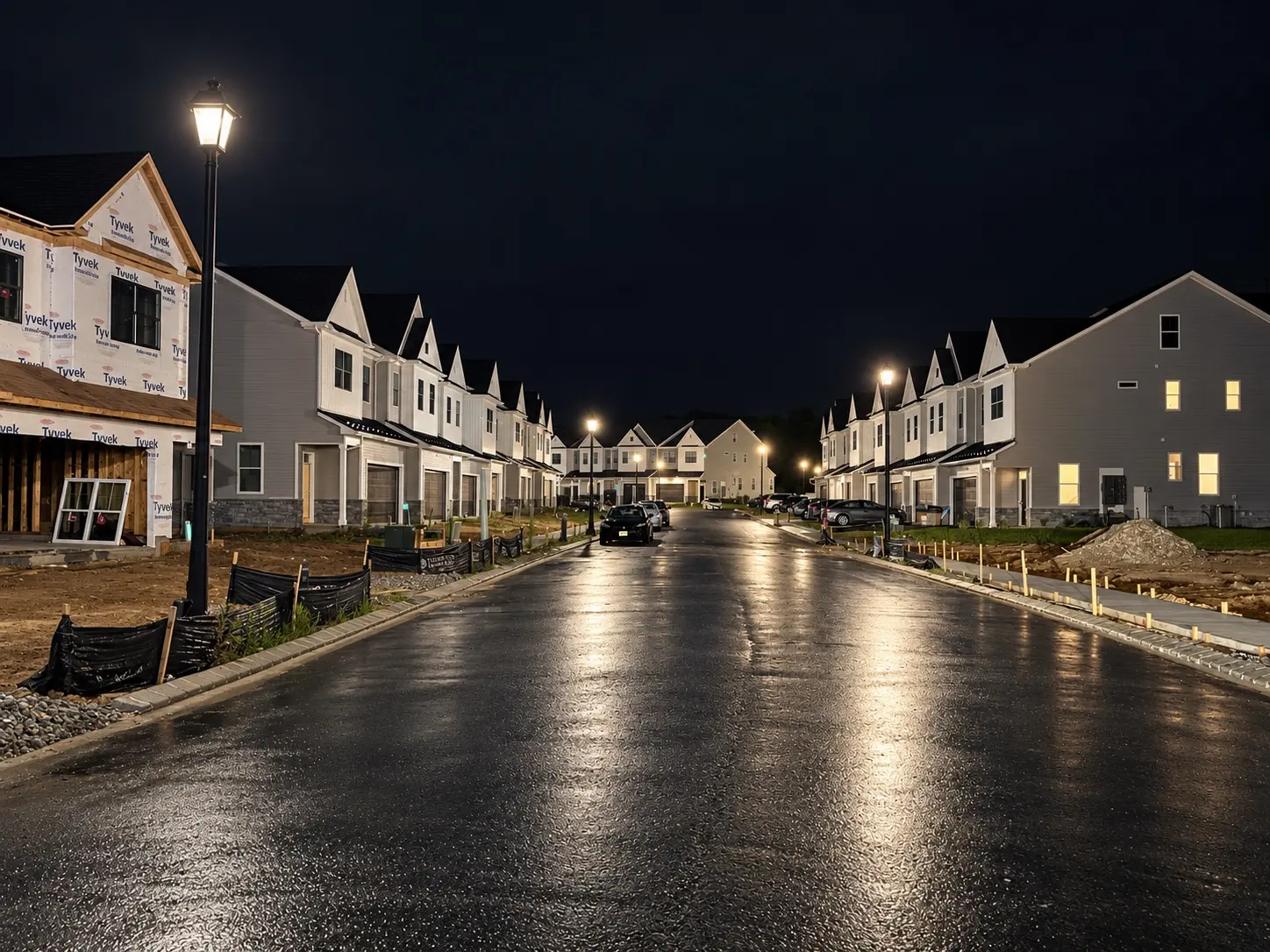 Completed neighborhood roadway illuminated by coordinated decorative site-lighting poles at night