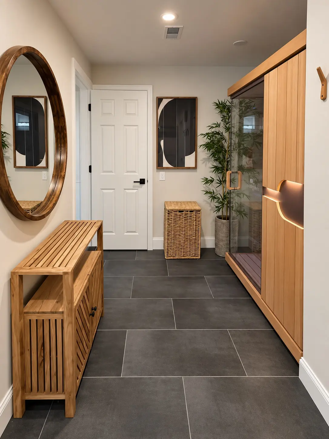 Custom wood sauna entry and matching built-in furnishings