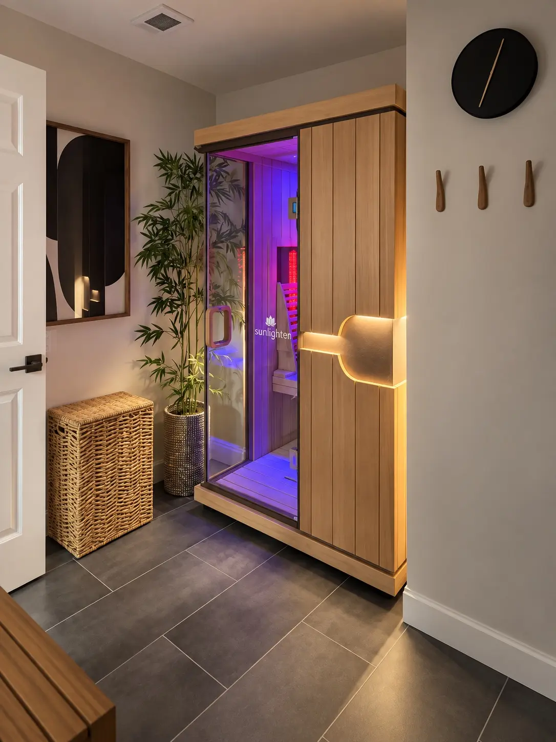 Finished home wellness room with integrated sauna and custom woodwork