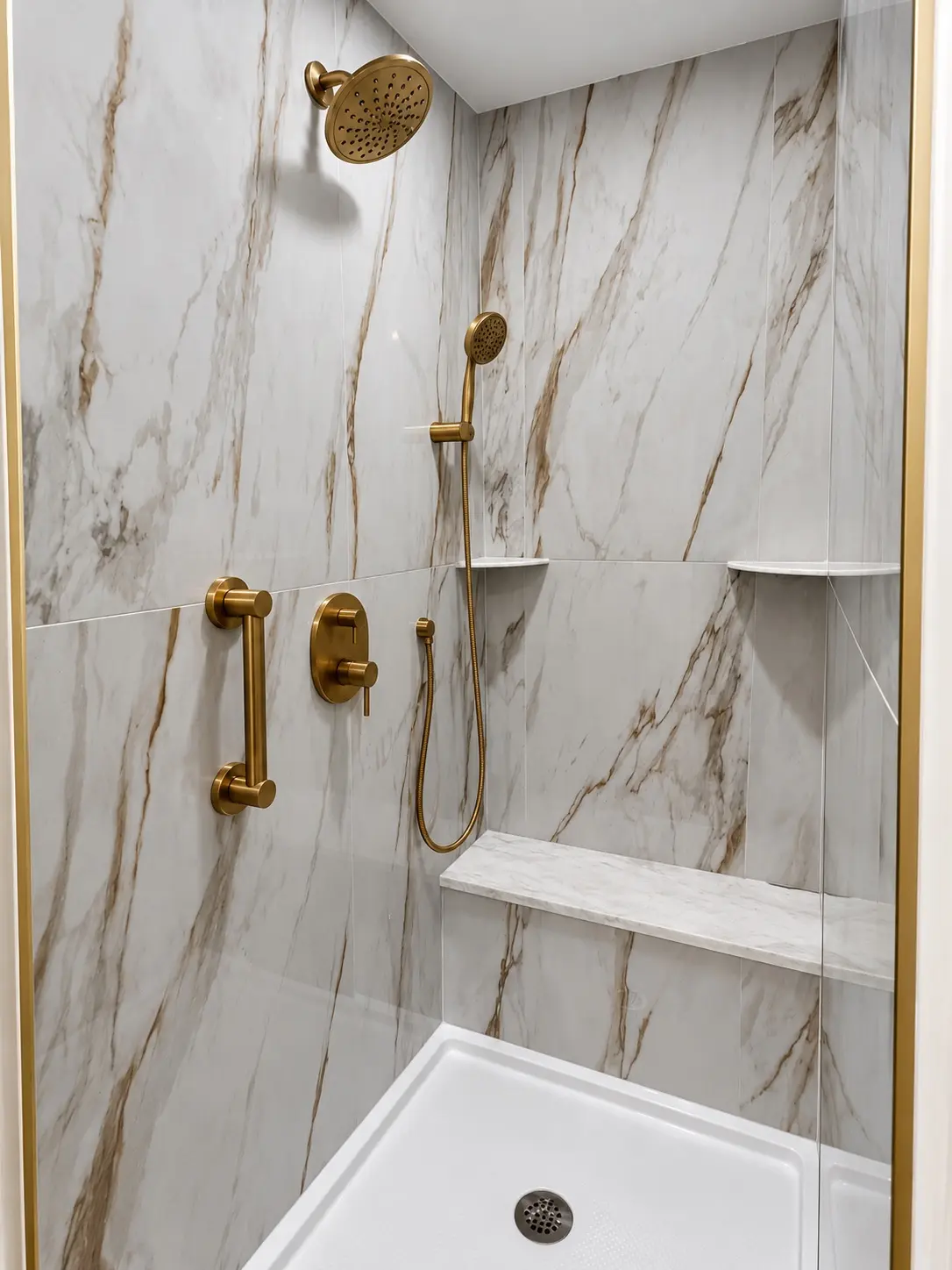 Marble-look tiled tub and shower with brass plumbing fixtures