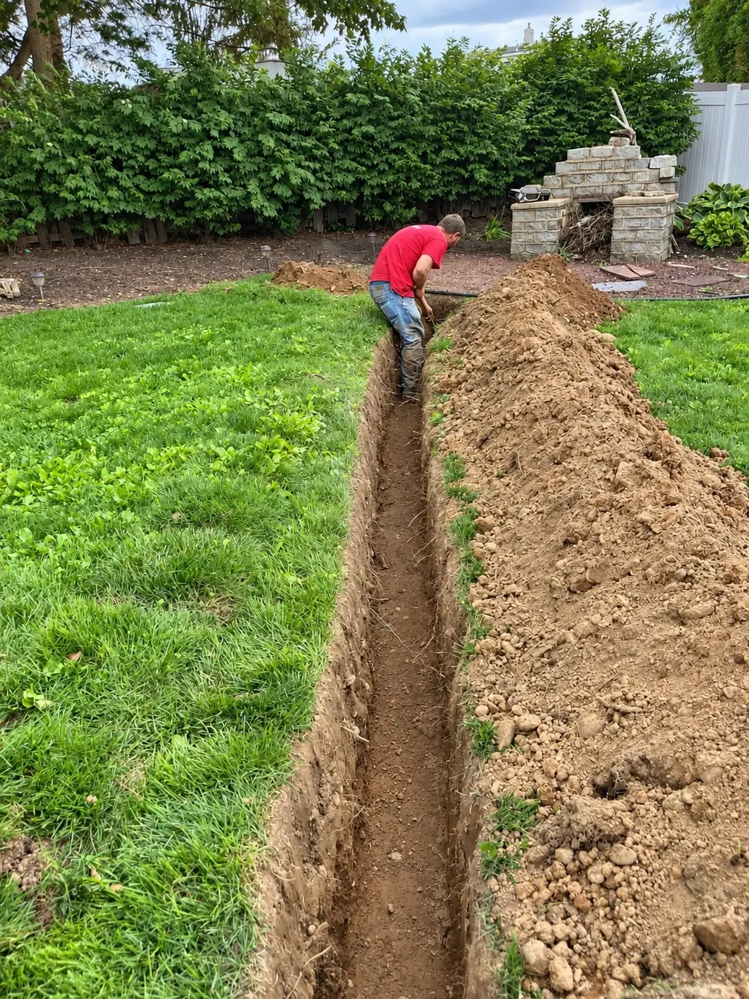 Hammerstone technician carefully trenching an underground electrical route through a residential lawn