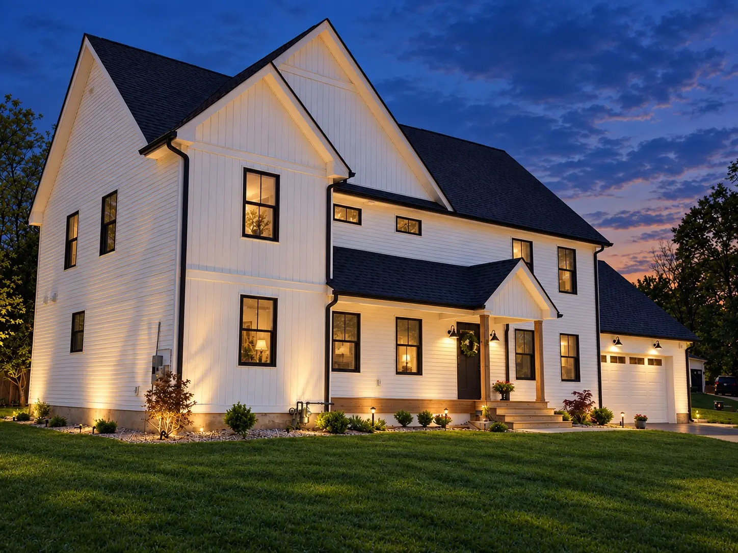 White home illuminated at twilight with architectural uplighting, pathway lights, and exterior fixtures