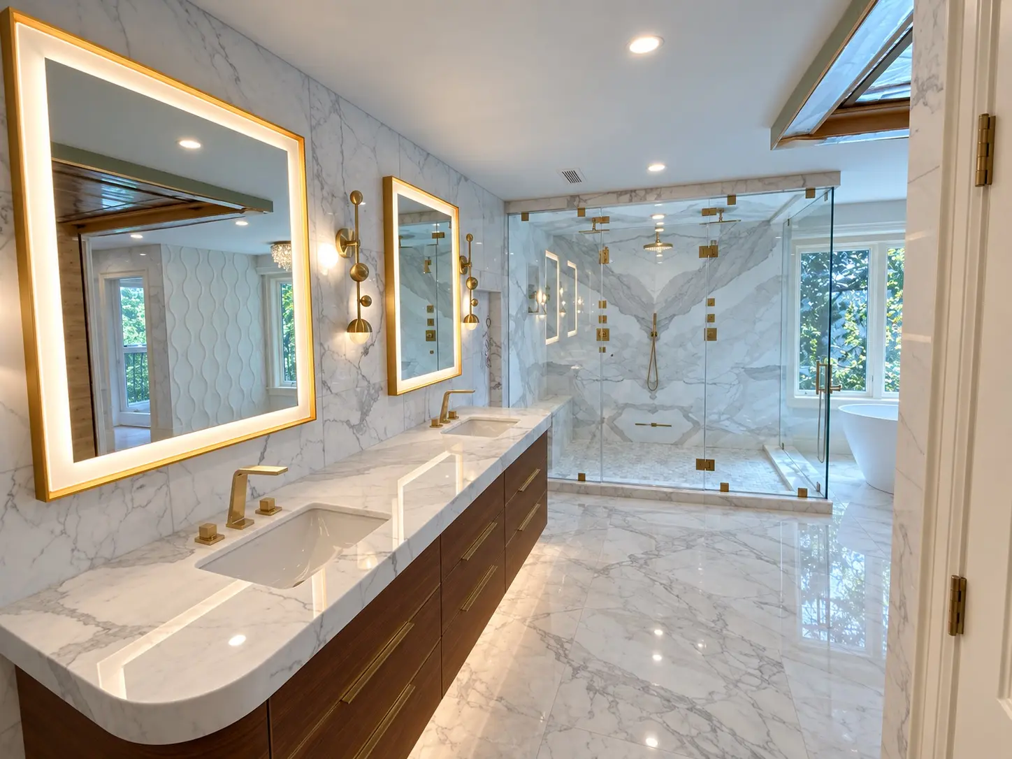 Luxury bathroom with illuminated mirrors, sconces, and recessed lighting