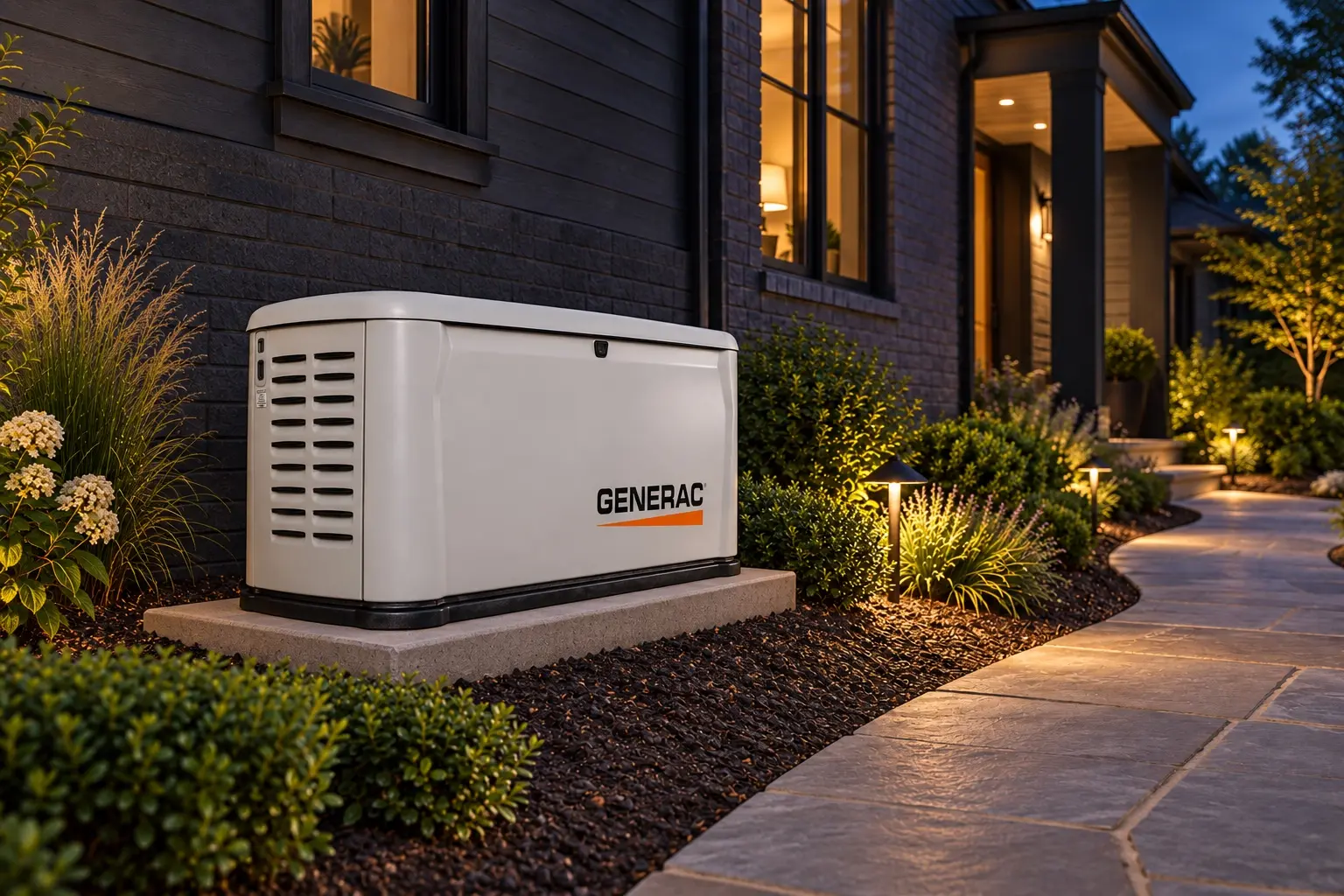 New Generac whole-home standby generator installed on a concrete pad beside a landscaped home